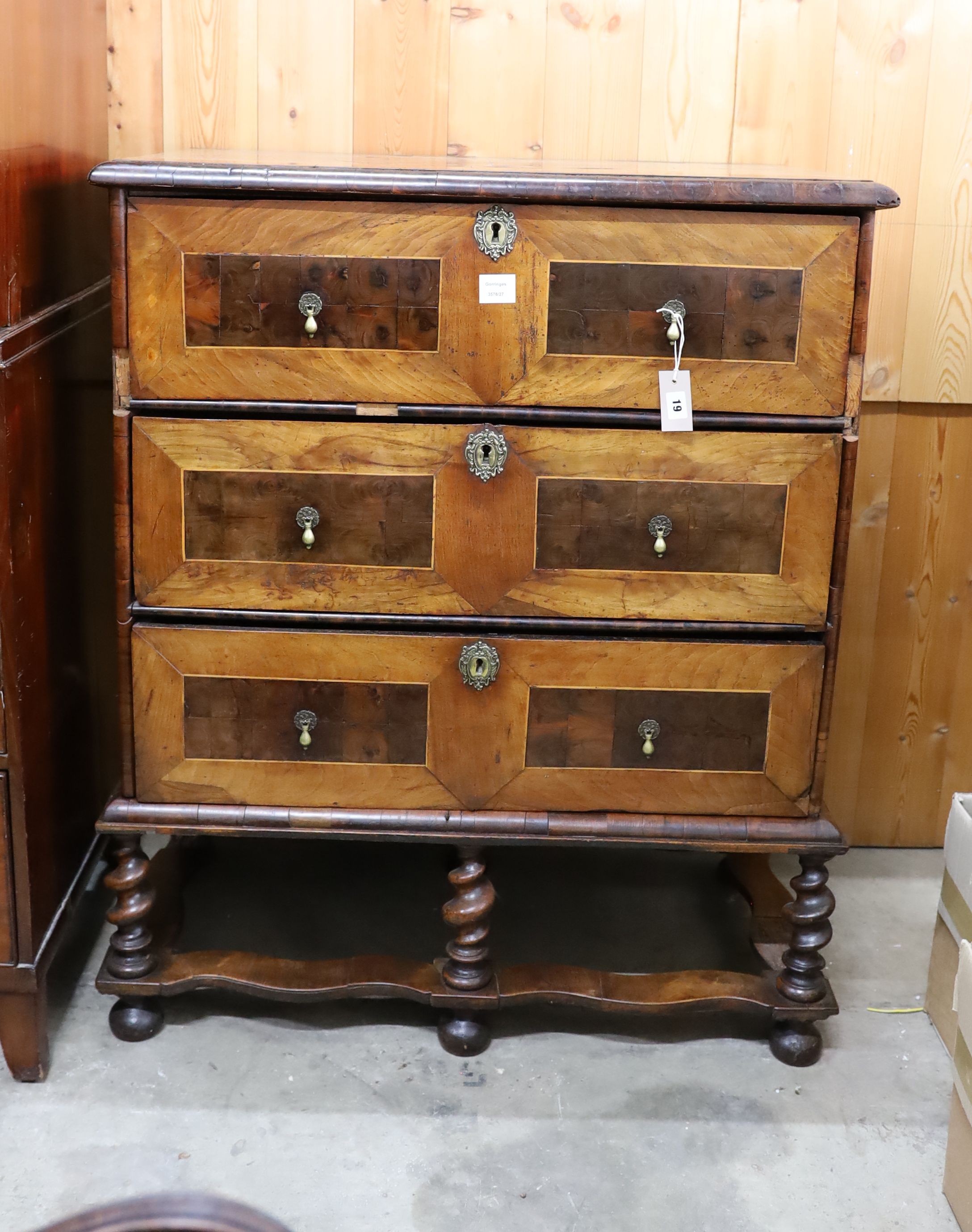 An early 18th century walnut chest on stand, width 90cm, depth 50cm, height 112cm